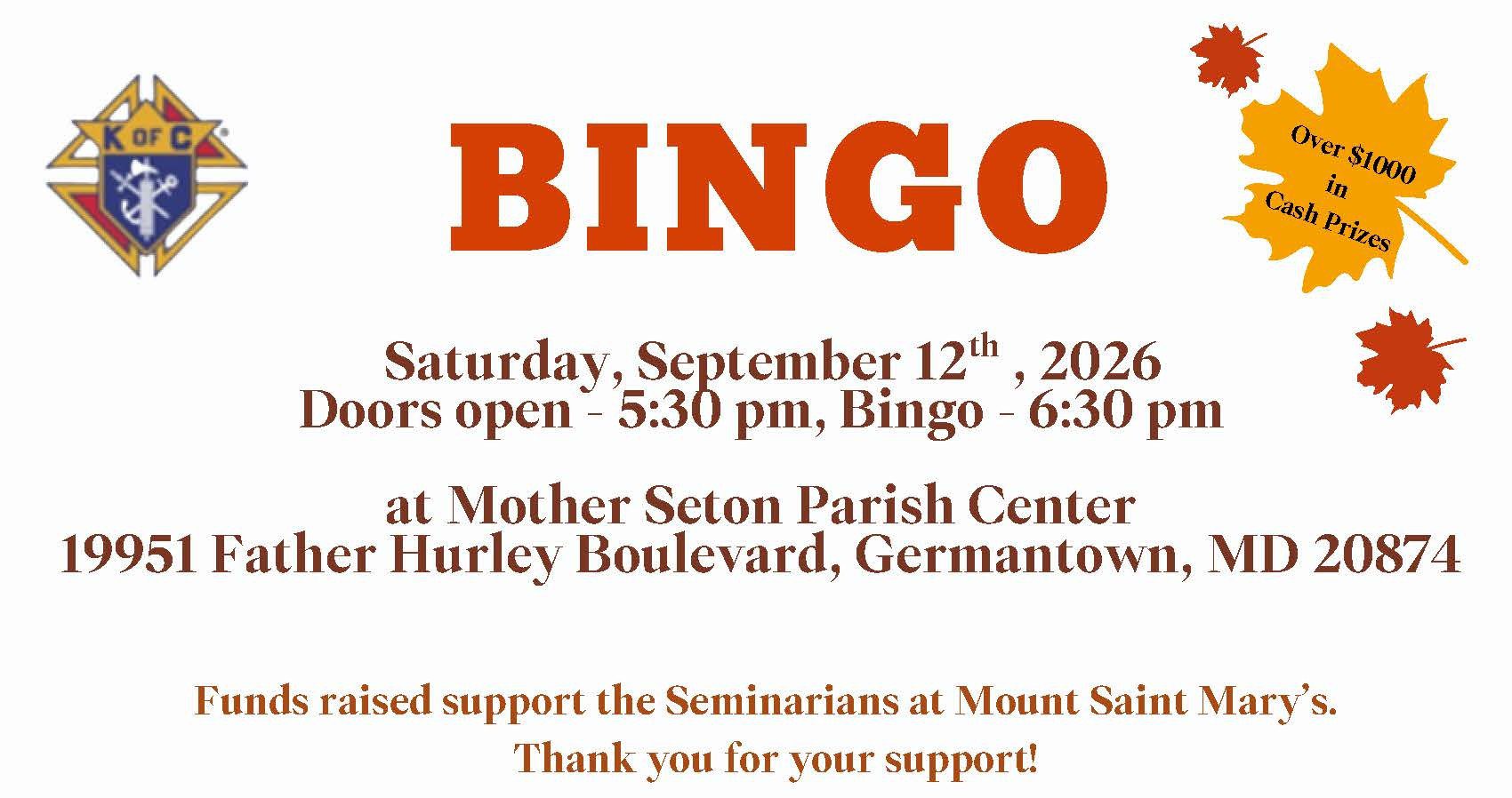 Knights of Columbus BINGO – September 12th