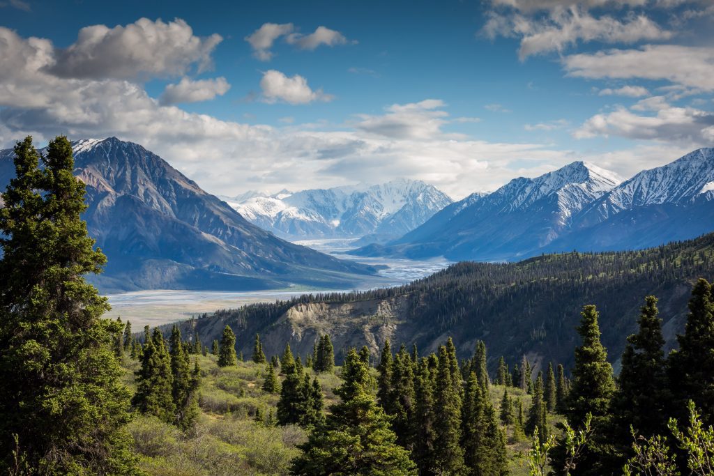 Mountains and Forests with partly cloudy sky