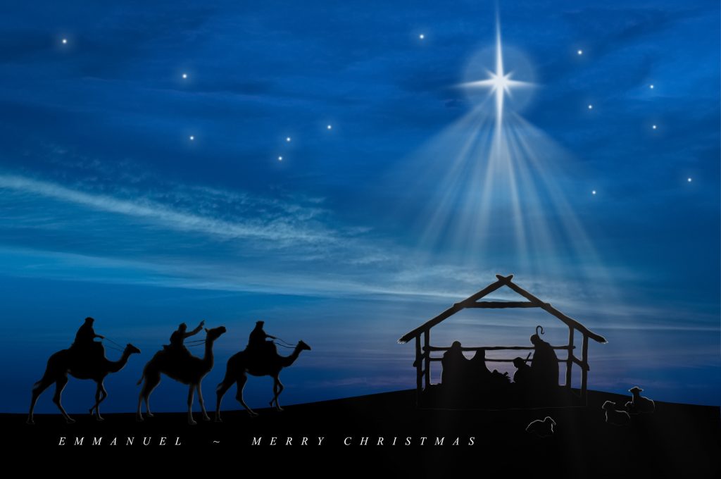 Baby Jesus in the manger with Joseph, Mary, shepherds and three wise men