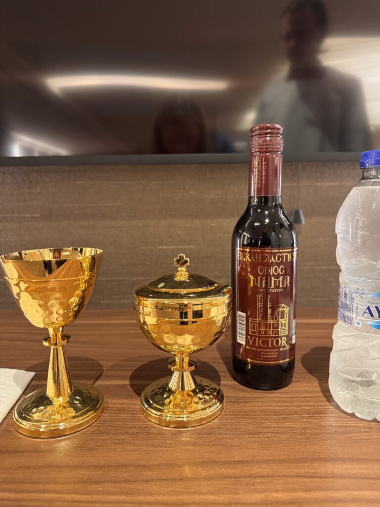 Chalice and ciborium prepared for Mass in Athens