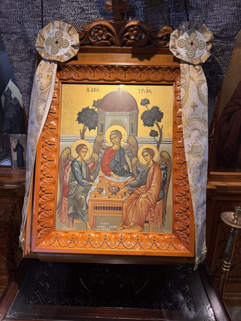 Icon of the Hospitality of Abraham, the three angels at table