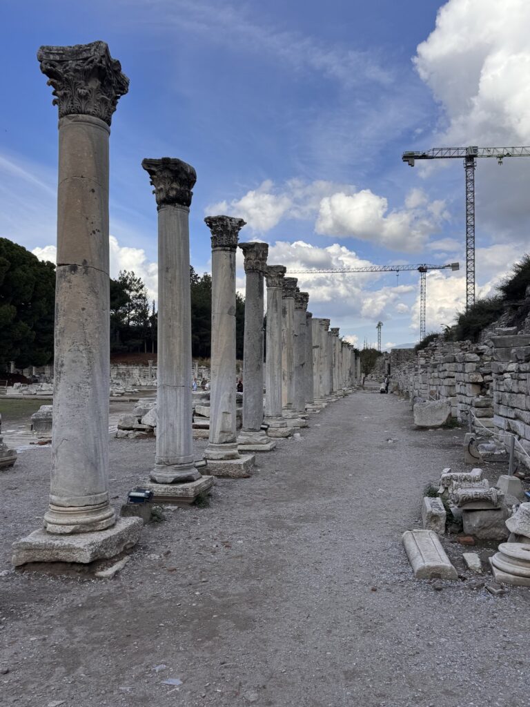 A row of tall columns lining an ancient street in Ephesus