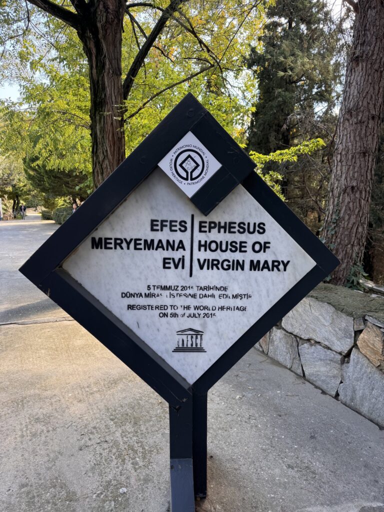 A sign reading Meryemana Evi, Ephesus House of Virgin Mary