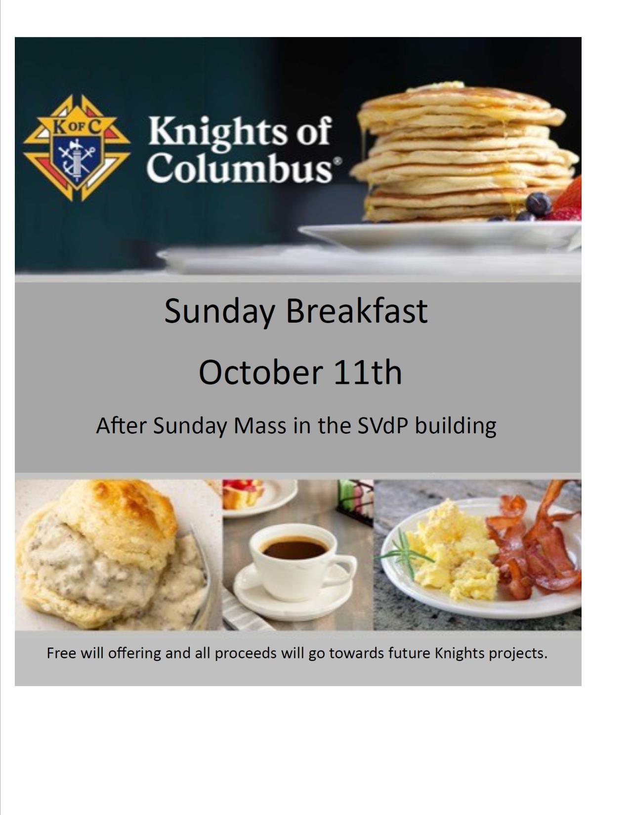 K of C Breakfast Sunday, October 11th after Mass