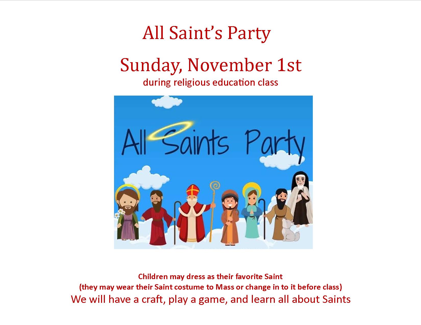 All Saint's Day Rel Ed Party November 1st