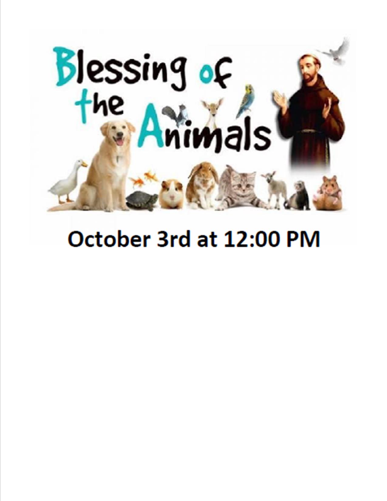 Pet Blessing October 3rd at Noon