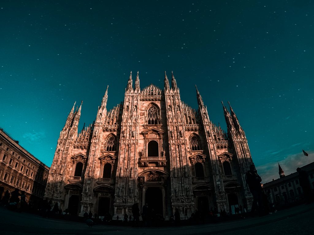 Front view of cathedral at dusk