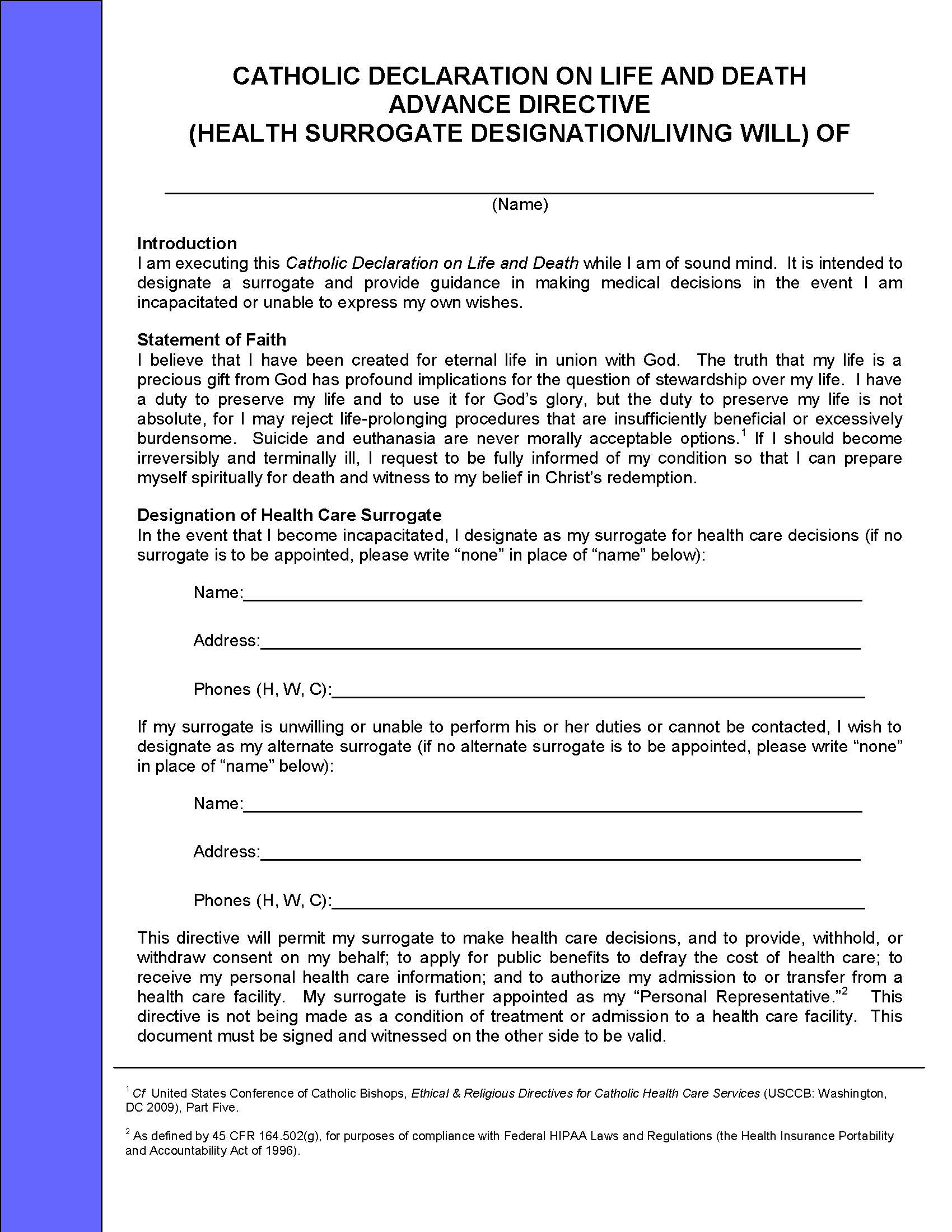 Catholic Declaration on Life and Death Advanced Directive