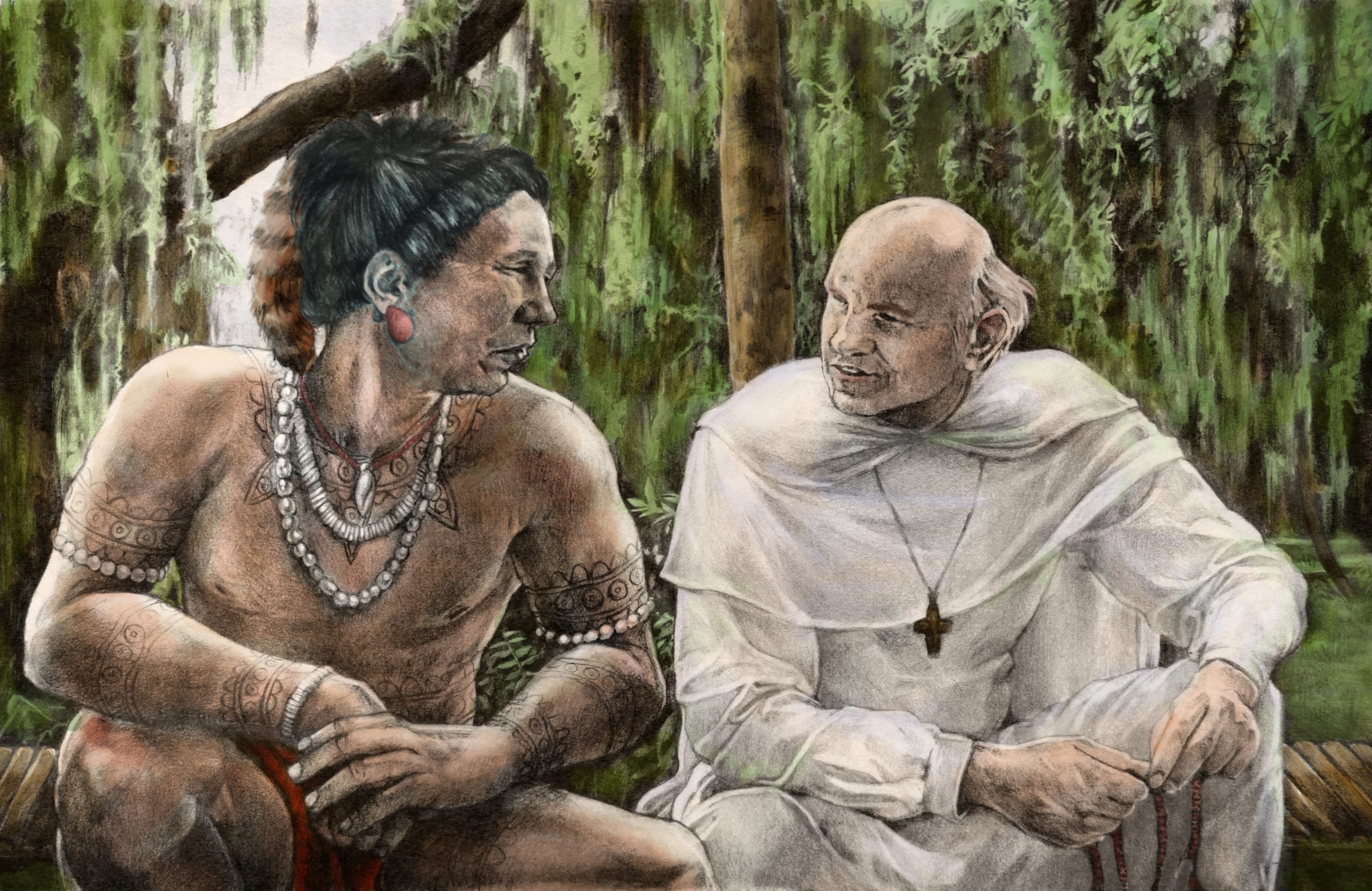 Color Drawing of Fr. Cancer Sitting with a Native American