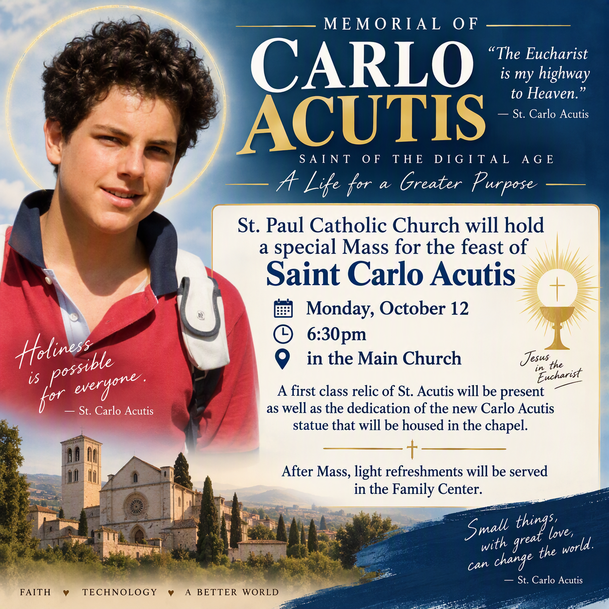 Special Feast Day Mass for Carlo Acutis:  Oct. 12 @6:30pm