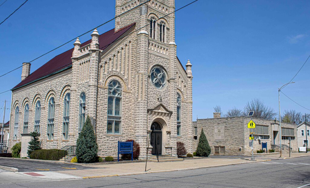 Church and School from the street point of view from    the front