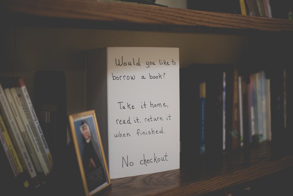 Would you like to borrow a book? Take it home, read it, return it when finished. No checkout.