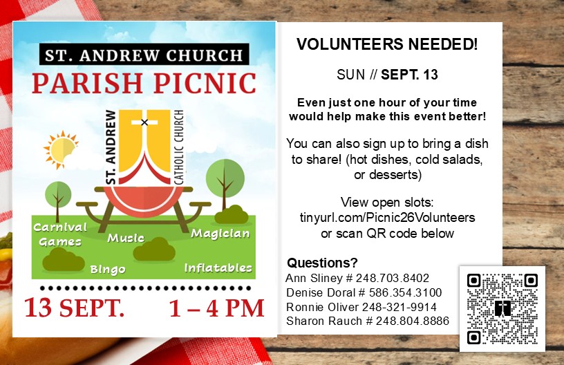 St. Andrew Parish Picnic – Sunday, September 13  Volunteers Needed!