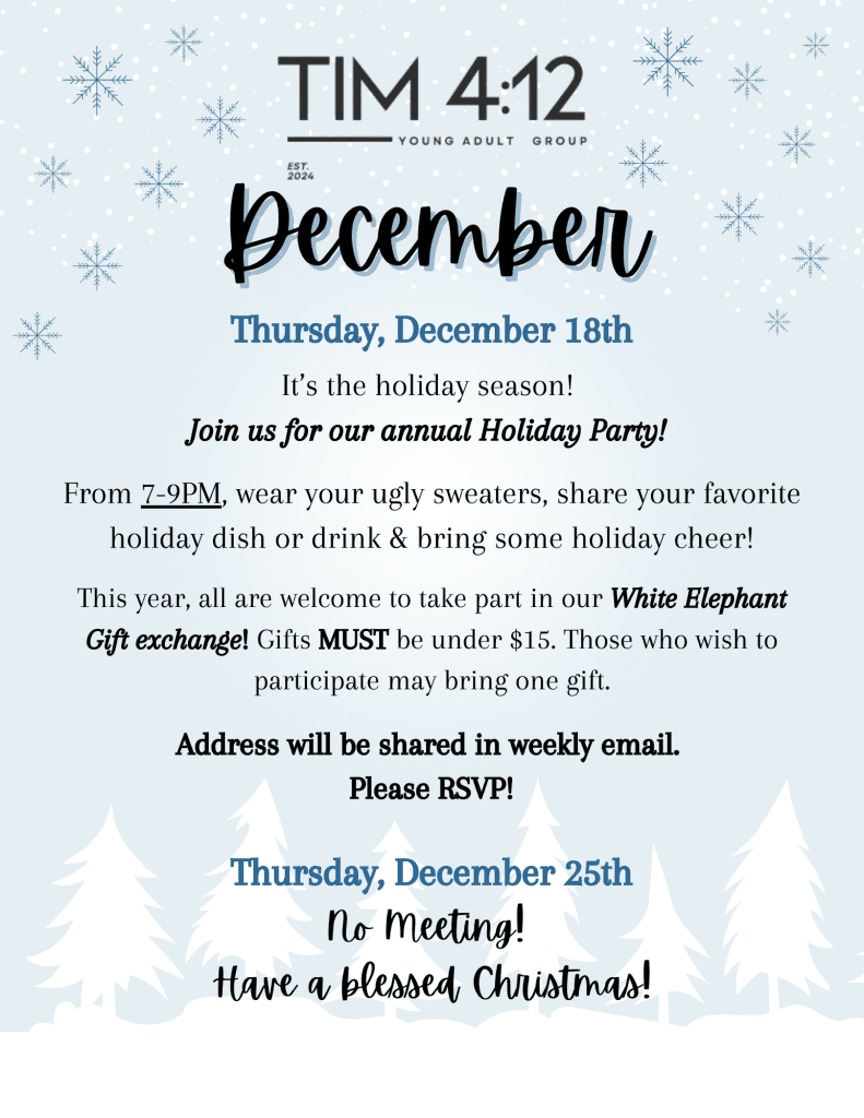 Tim 4:12 Holiday Schedule and Party