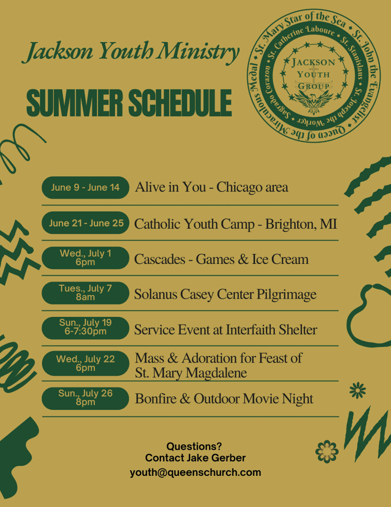 Jackson Youth Ministry Summer Schedule 2026 - St John the Evangelist Catholic Church Jackson Michigan