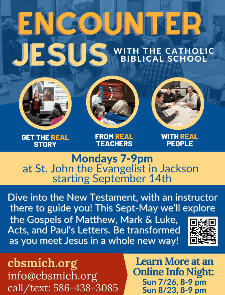 Promotional flyer for the Catholic Biblical School of Michigan at St. John the Evangelist Catholic Church in Jackson, inviting adults to grow in their Catholic faith through instructor-led study of Sacred Scripture.