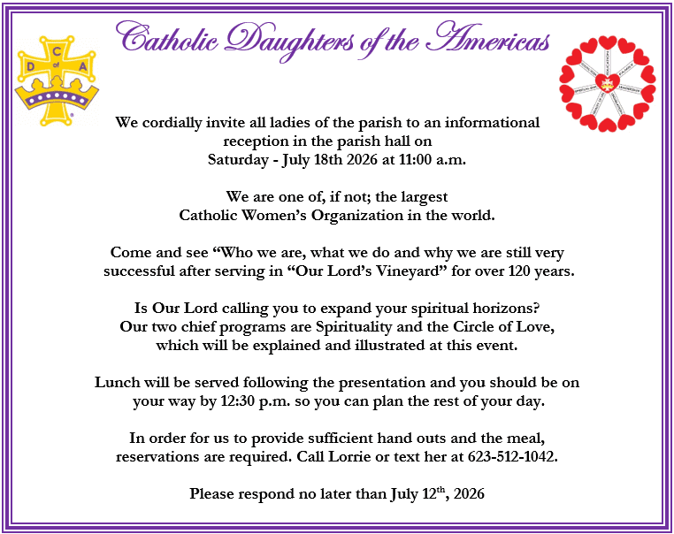 Catholic Daughters of the Americas information reception flyer at St. Clement of Rome Catholic Parish in Sun City, Arizona on Saturday, July 18, 2026, at 11:00 a.m.